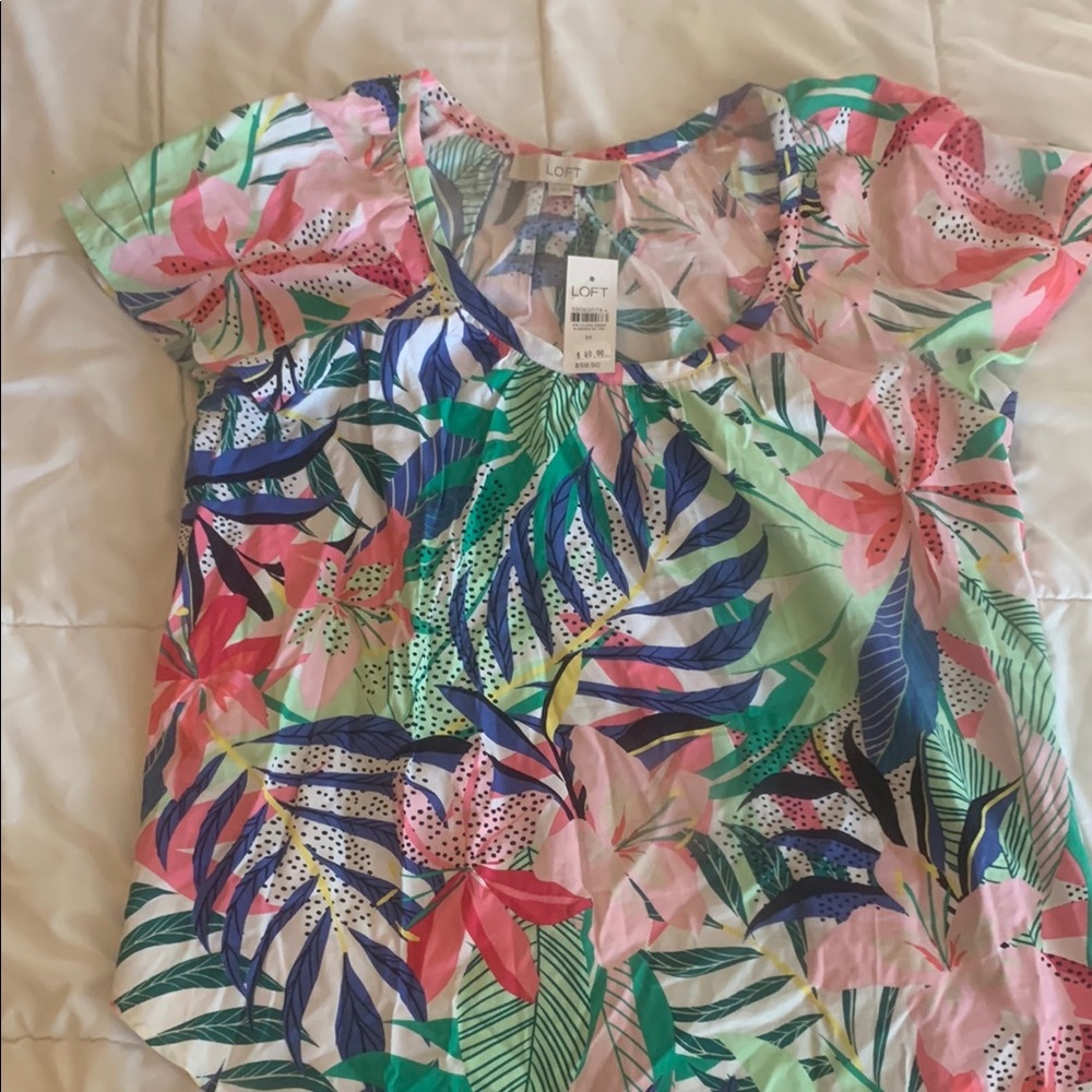LOFT Green Ruffled Short Sleeve Blouse